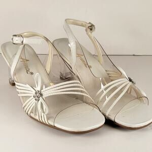 Annie White Slingback Sandals 6M Open Toe Clear Heel Strappy Bow Rhinestones